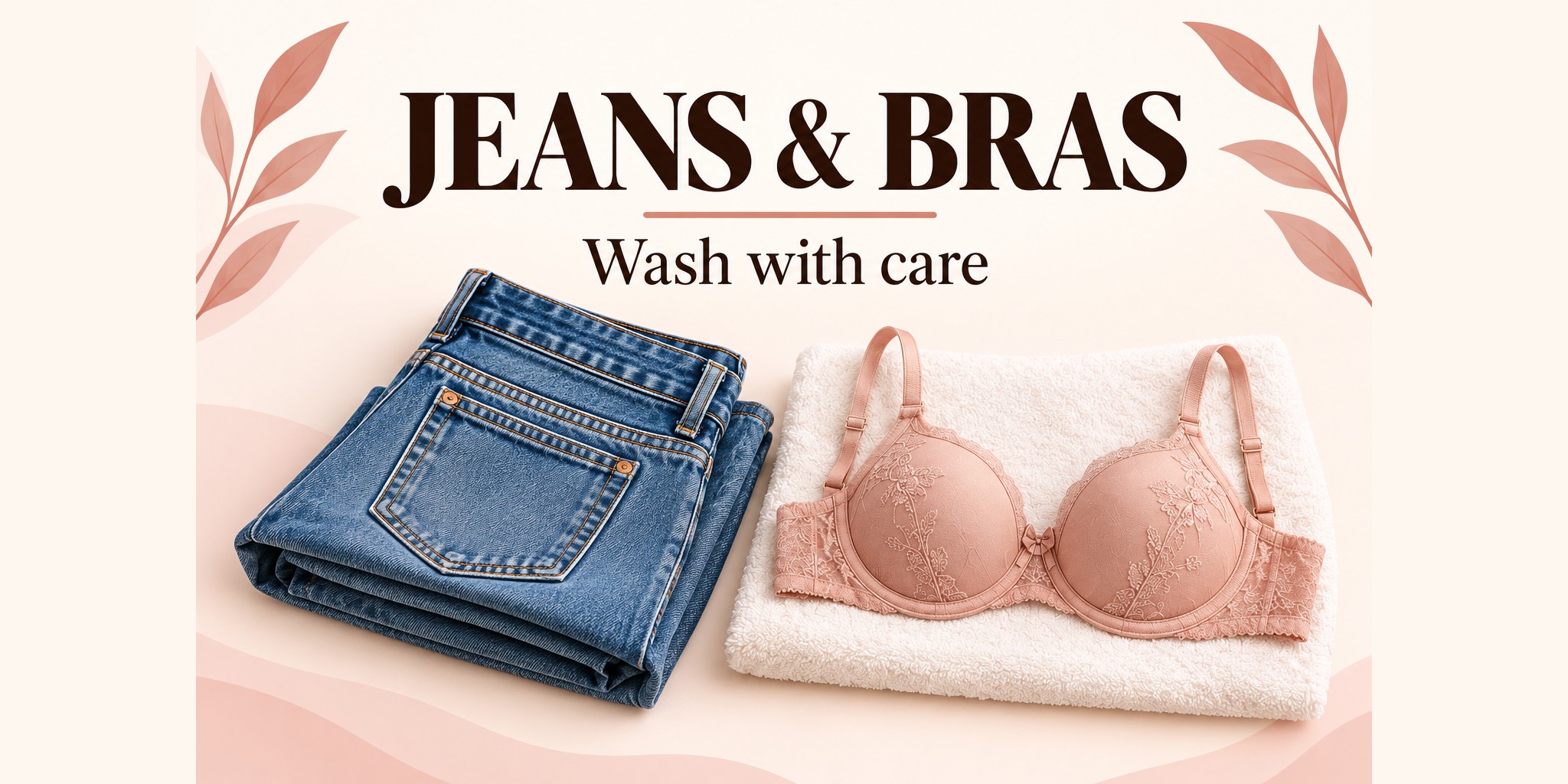 Illustration of folded blue jeans and a blush bra on a towel, with the words Jeans & Bras: Wash with care.